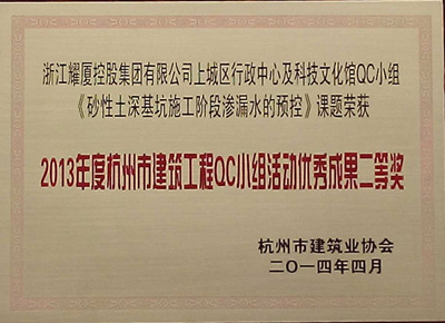 杭州市建筑工程QC小组活动优秀成果二等奖